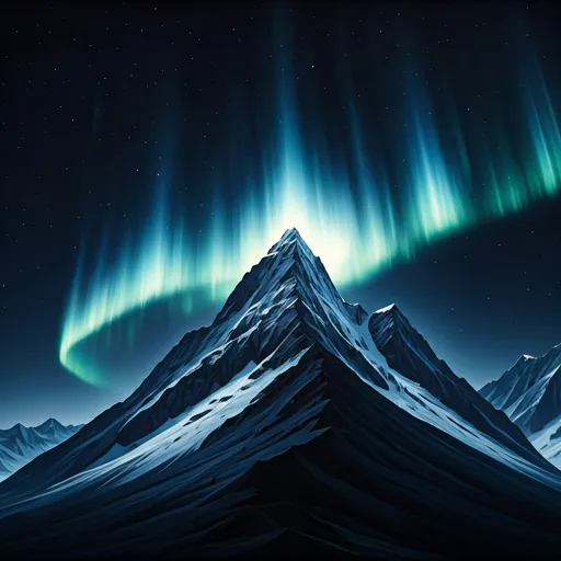 Cinematic background of frosted mountain peaks under a starry night sky with ethereal blue auroras